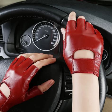 High Quality Half Finger Genuine Leather Gloves Sheepskin Fashion Summer Driving Red Fingerless