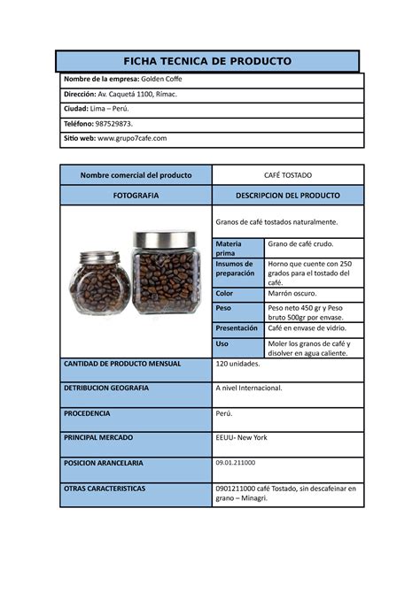 Ficha Tecnica De Granos De Cafe Terminado FICHA TECNICA DE PRODUCTO