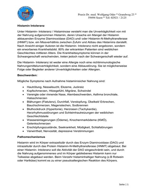 Histamin Intoleranz Infoblatt