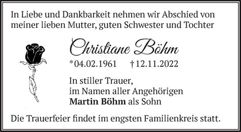 Traueranzeigen Von Christiane B Hm M Rkische Onlinezeitung Trauerportal