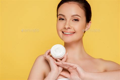 Smiling Beautiful Naked Woman Holding Container With Cosmetic Cream