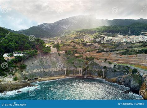 Coastal Banyalbufar Town Aerial View Mallorca Spain Stock Photo