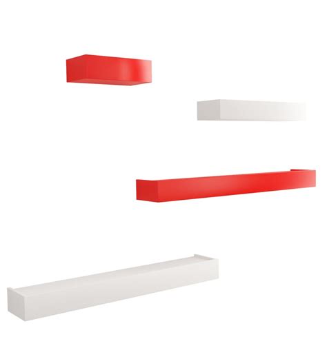 Buy Set Of 4 Engineered Wood Floating Wall Shelf In Red Colour By Home