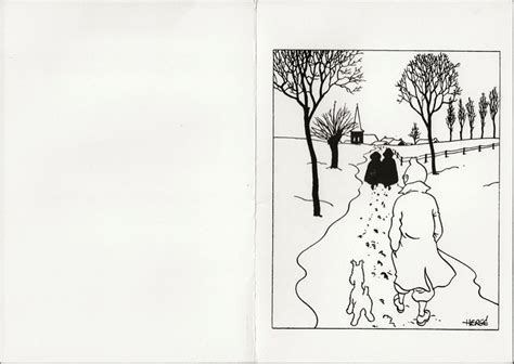 Carte en noir et blanc deux volets avec illustration en noir de Hergé