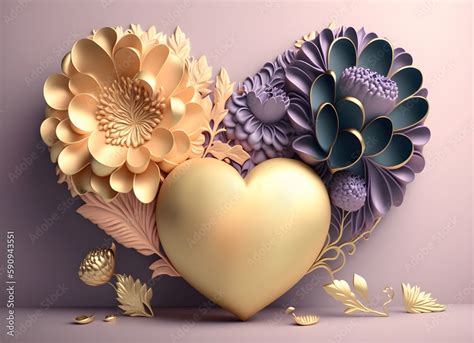 Corazón de flores estético y romántico Render 3d realista Stock