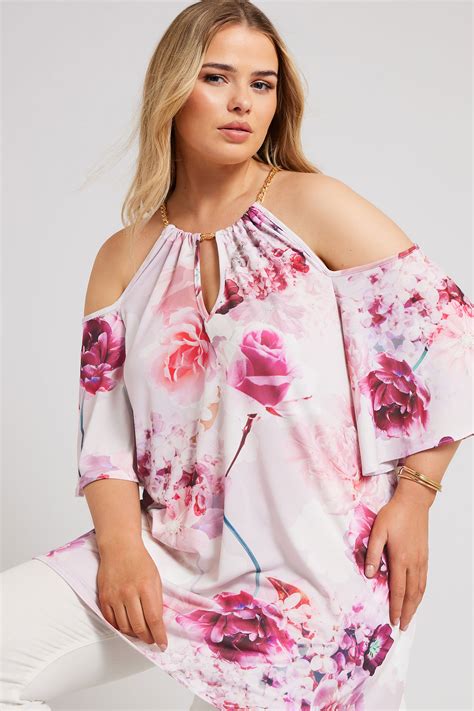 Yours London Plus Size Pink Floral Print Chain Cold Shoulder Top