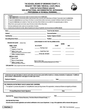 Fillable Online Broward K12 Fl FMLA Application Administrative And Non