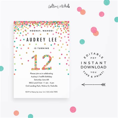 Girl 12th Birthday Invitation Instant Download Printable Pdf Etsy