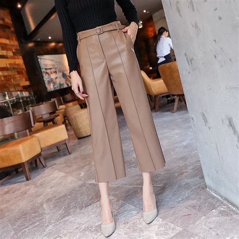 Free Shipping Women Belted High Waist Faux Leather Pants Jkp