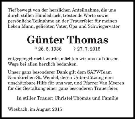 Traueranzeigen von Günter Thomas Saarbruecker Zeitung Trauer de