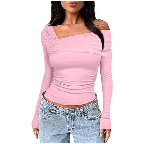 Mitankcoo Womens One Off Shoulder Long Sleeve Top Ruched Going Out