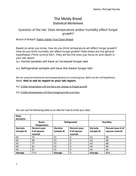 Bread Mold Worksheet Name Michael Nunes The Moldy Bread Statistical Worksheet