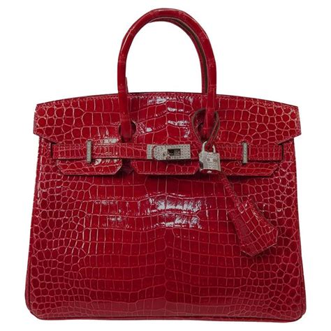 Hermès Lipstick Red Porosus Crocodile 25 cm Diamond Encrusted Birkin ...