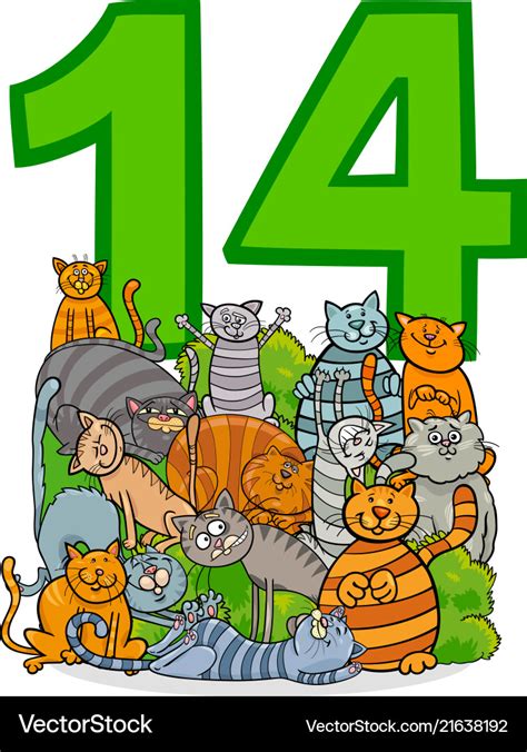 Number fourteen and cartoon cats group Royalty Free Vector