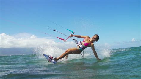 Asian Woman Kite Surfing In Ocean Extreme Summer Sport Stock Footage