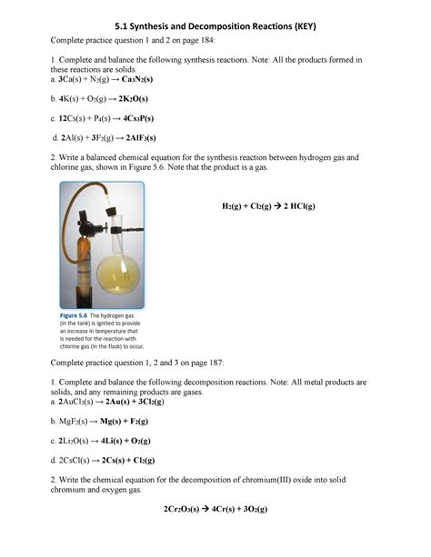 5 1 Synthesis And Decomposition Reactions Homework KEY 5 Synthesis