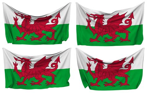 Wales Pinned Flag From Corners Isolated With Different Waving