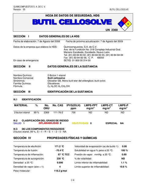 1 4 Hoja De Datos De Seguridad Hds Un 2369 Quimicompuestos