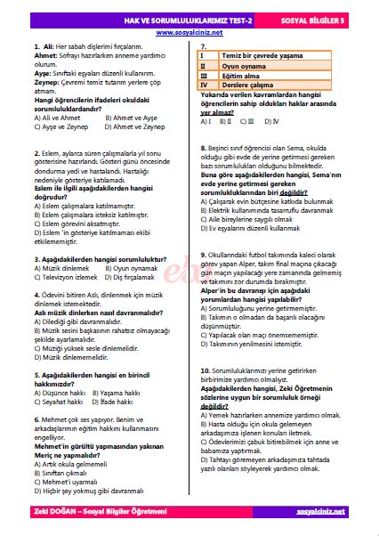 Hak Ve Sorumluluklar M Z Test Sosyal Bilgiler Sosyalciniz Zeki