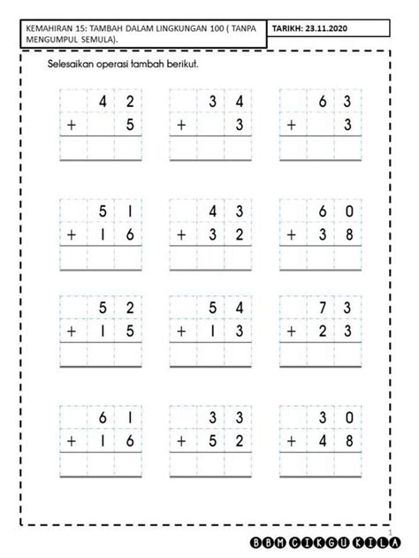 Tambah Dalam Lingkungan Tanpa Mengumpul Semula Worksheet