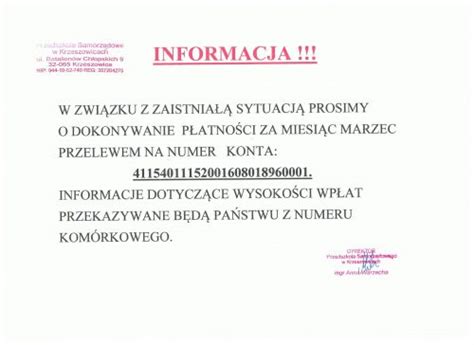 Informacja o płatności za marzec Przedszkole Samorządowe w Krzeszowicach