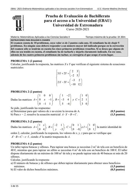 EBAU Matemáticas Extremadura Exámenes y Soluciones 2024