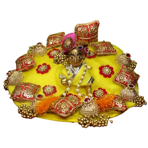 Laddu Gopal Yellow Booti And Flower Gaddi Designer Dress With Pagdi