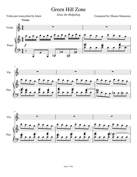 Sonic The Hedgehog Green Hill Zone Sheet Music For Piano Violin