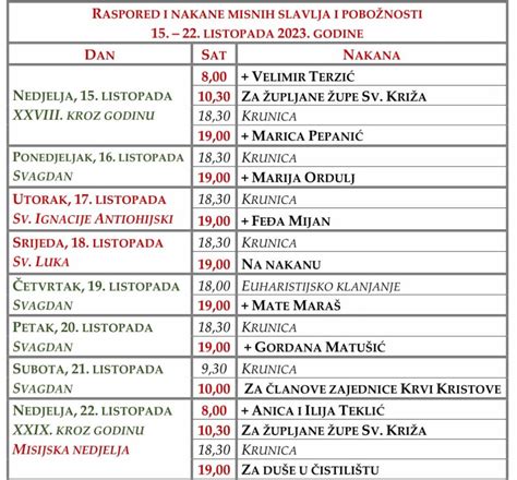 TJEDNI RASPORED I NAKANE MISNIH SLAVLJA I POBOŽNOSTI 15 22