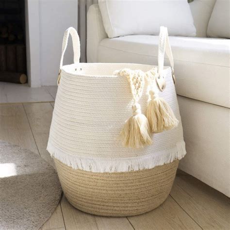 Large Cotton And Jute Rope Laundry Basket With Handles Woven Etsy