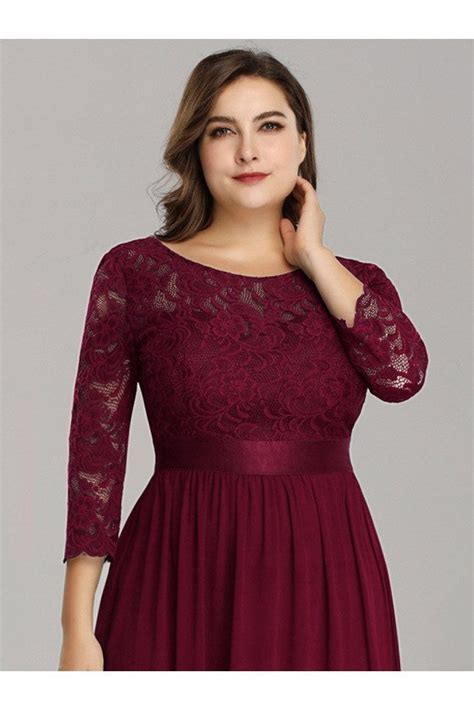 Burgundy Plus Size Long Bridesmaid Dress With Lace Sleeves 6848