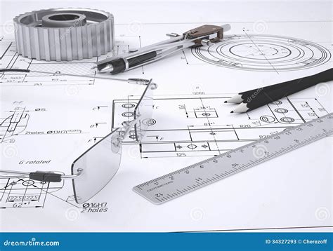 Vidrios Regla Compás Lápiz Y Engranaje Stock de ilustración