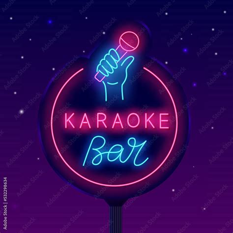 Karaoke Bar Neon Circle Label Luminous Street Billboard Microphone In