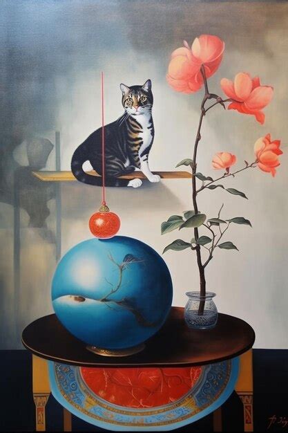 Premium AI Image | A painting of a cat on a table with a globe and flowers.