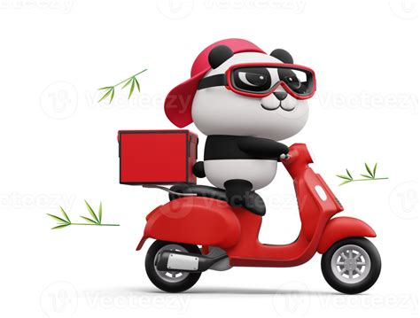 Cute Panda Riding A Motorcycle Panda Delivery D Rendering Png