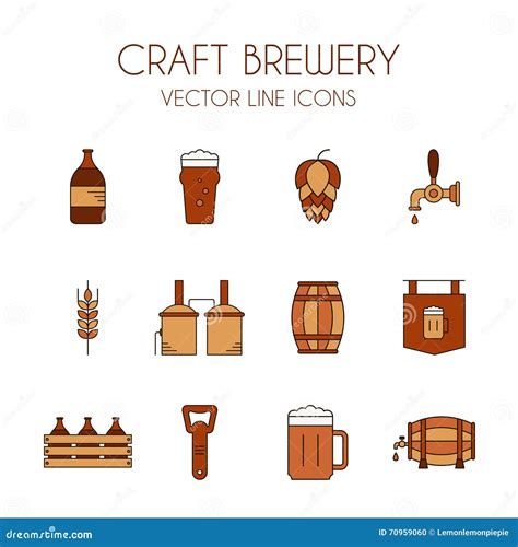 Craft Beer And Brewery Vector Line Icon Set In Brown And Orange Stock