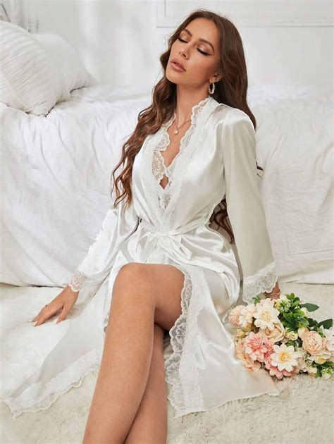 Contrast Lace Belted Satin Robe Shein Malaysia