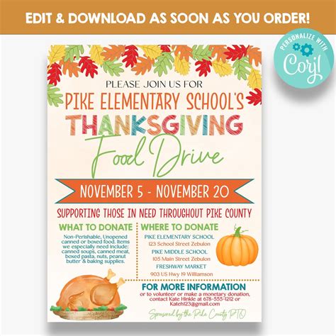 Editable Thanksgiving Food Drive Flyer Fall Food Drive Fundraiser Printable Fundraising Flyer Etsy