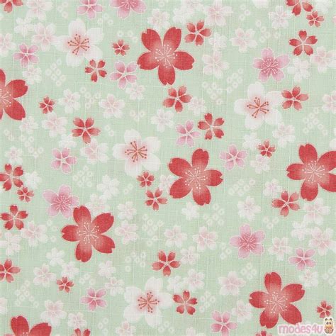 Asia Dobby Fabric Mint Green With Red Cream Pink Sakura Flowers Fabric