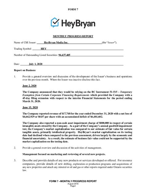 Fillable Online Pdf Form Monthly Progress Report Name Of Cse Issuer