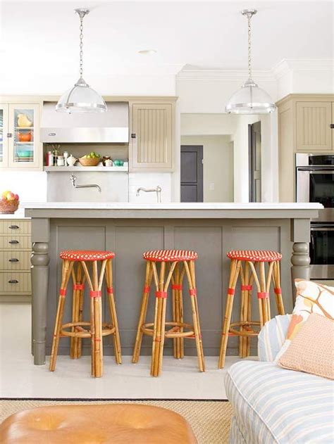 Love The Gray Brown Bar And Red Patterned Bar Stools Painted Kitchen Island Kitchen Redo