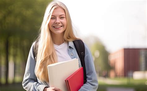 Premium Photo Attractive Female Blonde University Students With Backpack At A College Campus