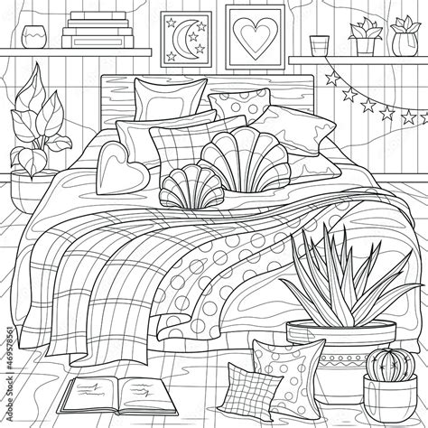 Boho style bedroom. Interior.Coloring book antistress for children and ...