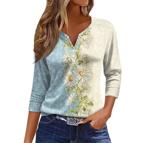 Iuzsokil Dress Shirts For Women 3 4 Sleeve Floral Flower Henley V Neck