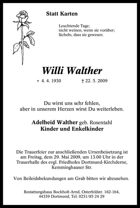 Traueranzeigen Von Willi Walther Trauer In NRW De