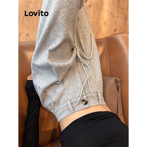 Lovito Women Casual Plain Tie Back Button Zipper Front Zip Pants