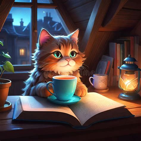 Cute Cat Lies And Sleeps In A Cozy Attic At Home With A Cup Of Coffee