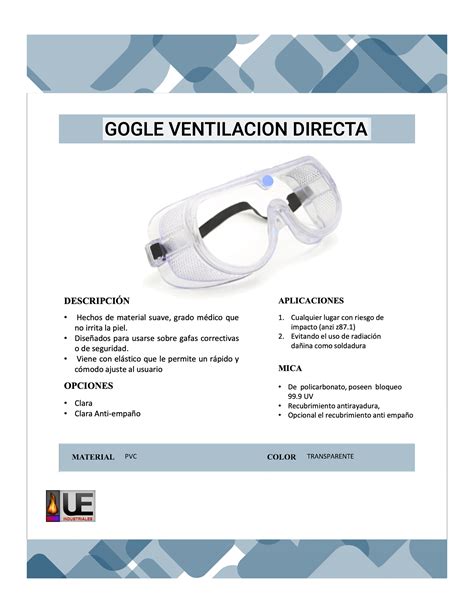 GOGGLES DE VENTILACIÓN DIRECTA UNIFORMES Y EQUIPOS INDUSTRIALES LARIOS