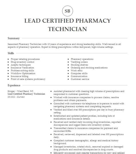 Lead Certified Pharmacy Technician Resume Example