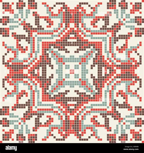 Ethnic Pixel Seamless Pattern Embroidery Traditional Geometric Design